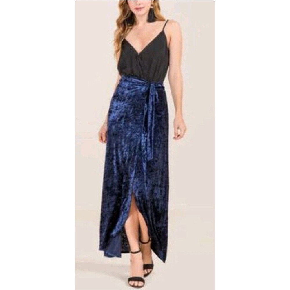 Sapphire Blue Crushed Velvet Maxi Skirt Faux Wrap Front Slit Whimsigoth Glam M